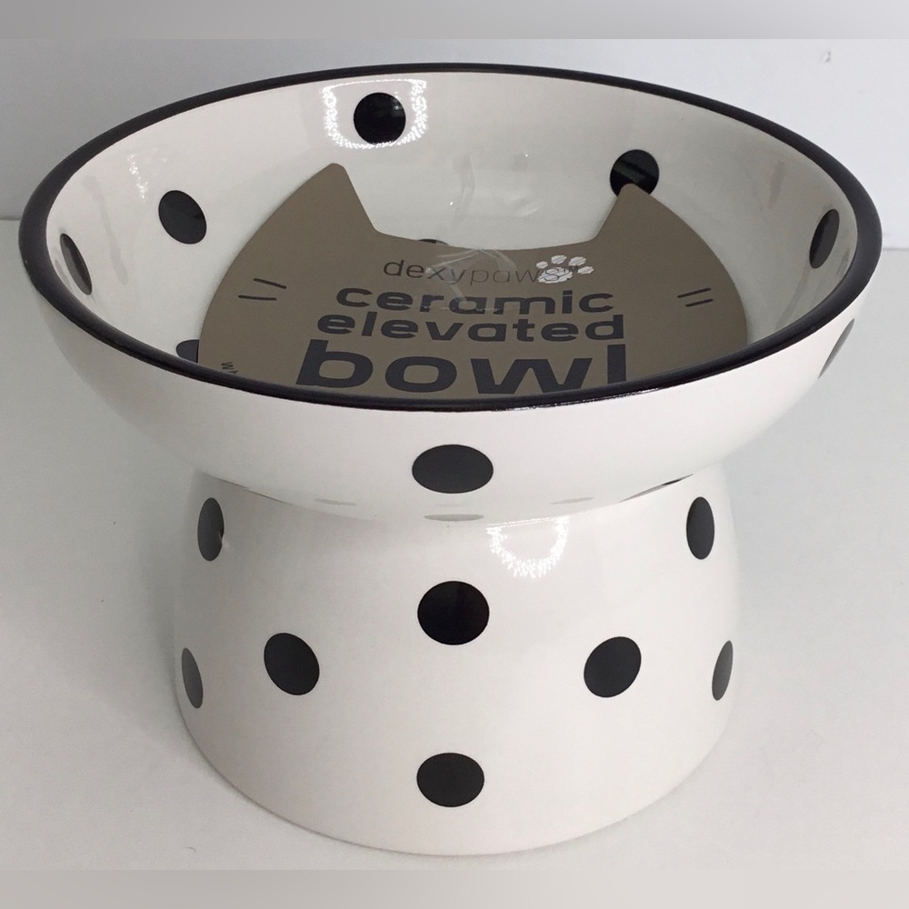 Elevated Cat Dish White & Black Ceramic Cat Bowl Raised With Dots New